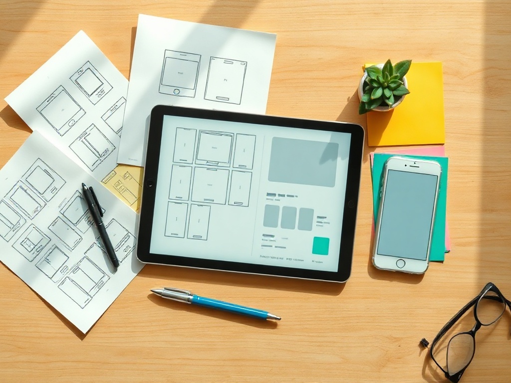 Mise à plat de conception d'application : croquis de maquettes, tablette affichant un prototype et notes