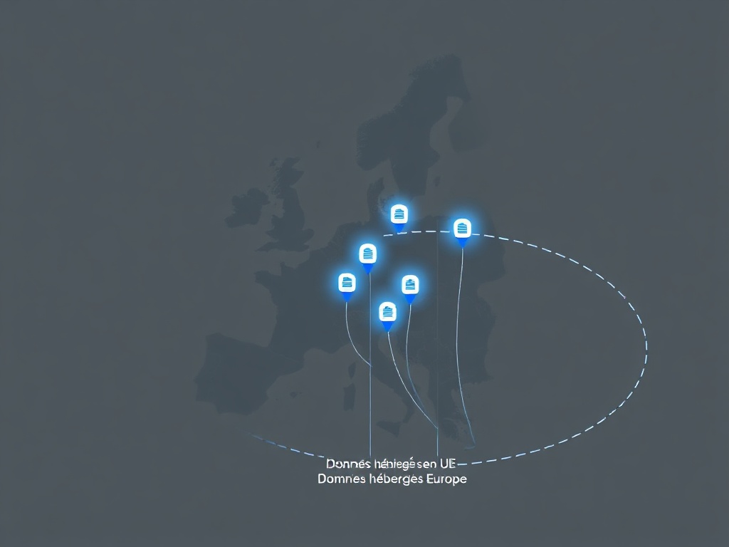 Schéma d'une architecture IA souveraine montrant les données hébergées en Union européenne et le droit à l'audit
