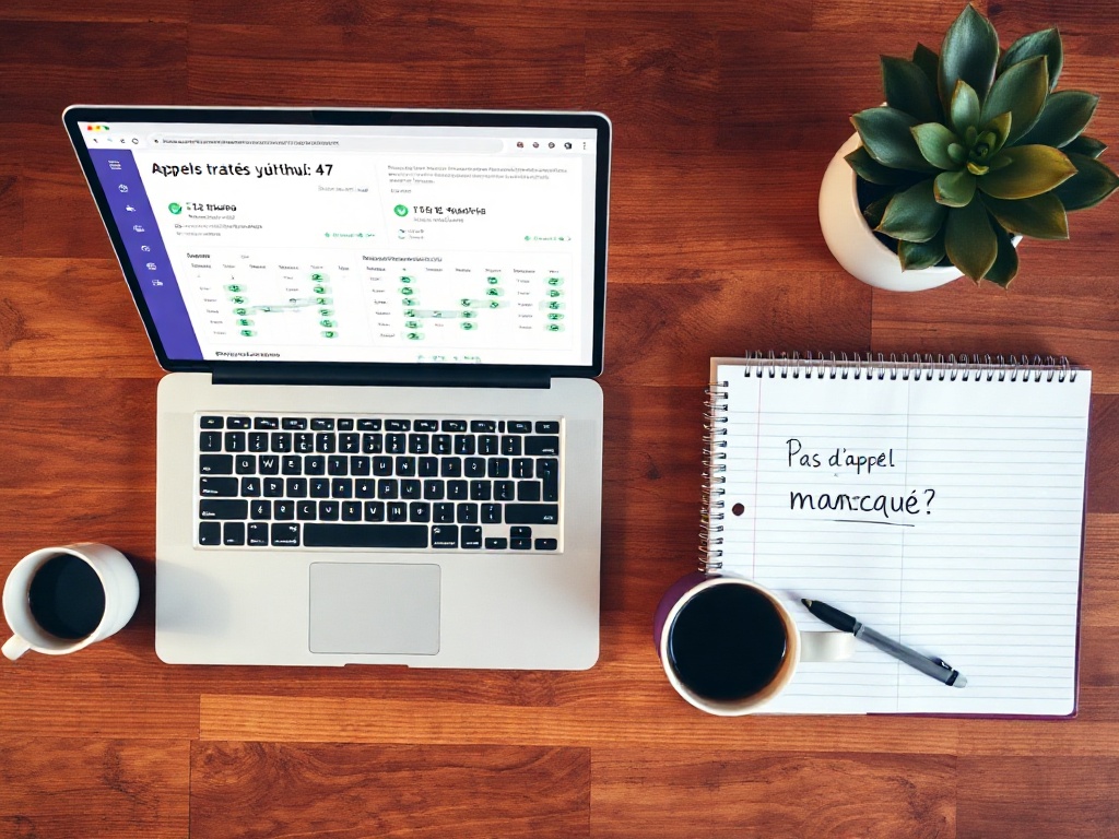 Une dirigeante de PME consulte sur un ordinateur portable les résumés d'appels traités par l'IA et les rendez-vous pris